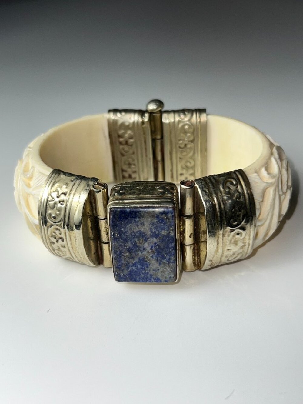 Vintage Artisan Hand-Carved Bone & Lapis Lazuli Hinged Statement Cuff